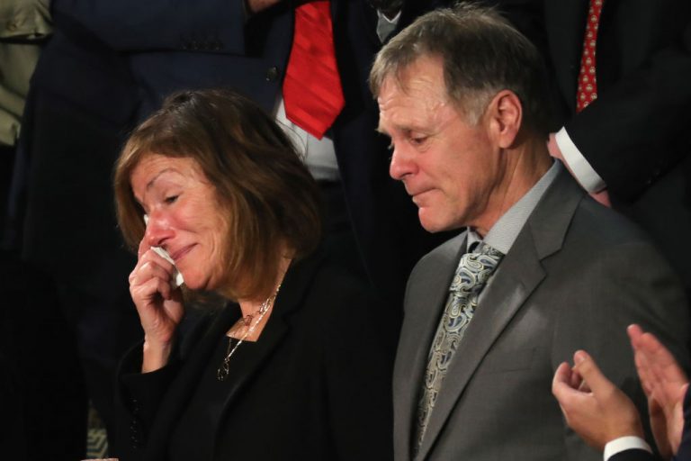 The parents of Otto Warmbier, Fred and Cindy Warmbier, are acknowledged during the first State of the Union address given by U.S. President Donald Trump.