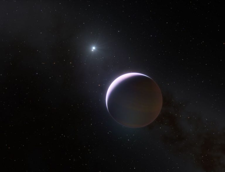 This handout photo made available by the European Southern Observatory on December 8, 2021, shows an artist's impression of a close up of b Centauri's giant planet "b Centauri b".