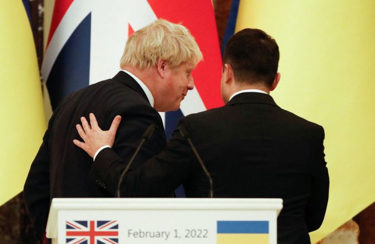 British Prime Minister Boris Johnson during a joint news conference with Ukrainian President Volodymyr Zelenskiy at the presidential palace on Feb. 1, 2022 in Kyiv, Ukraine.