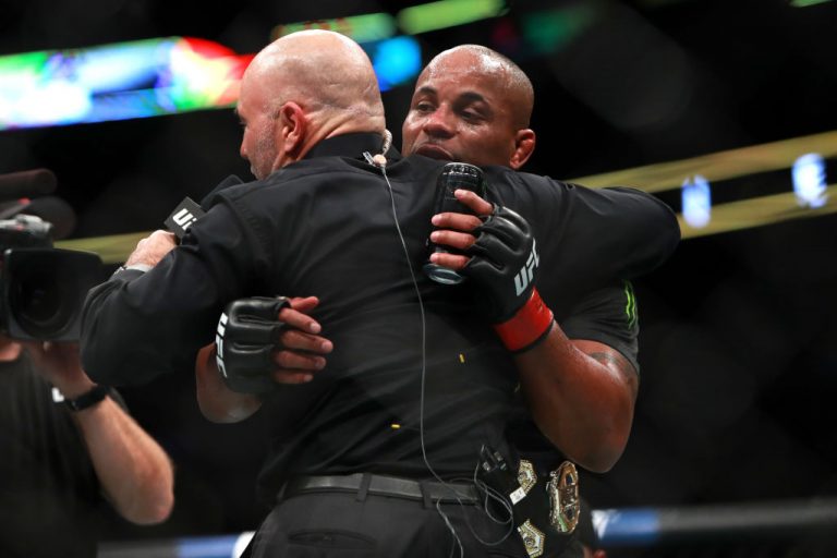 Podcaster and UFC host Joe Rogan hugs long-time friend Daniel Cormier. The host was congratulating Cormier’s victory over Volkan Oezdemir for the Light Heavyweight Championship at UFC 220.