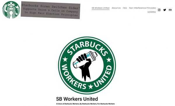 Website of Starbucks Workers United, the organization attempting to unionize more than 100 franchises, featuring versions of the Starbucks corporate logo modified to include the raised fist, a symbol utilized by Marxist, communist, and socialist entities