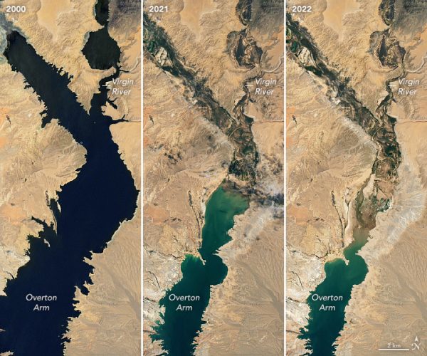 A compilation of NASA Landsat 7 and Landsat 8 images showing the decline of Lake Mead between 2000 and present. Tens of kilometers of area have gone dry and Mead is at its lowest levels since 1987.