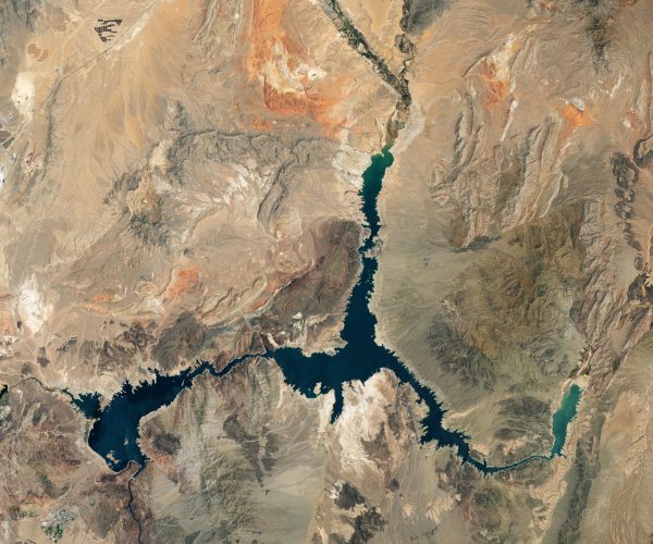 NASA satellite footage of Lake Mead taken July 3, 2022. The reservoir has fallen to under 1,050 feet, its lowest level since 1987. Tens of kilometers have dried up.