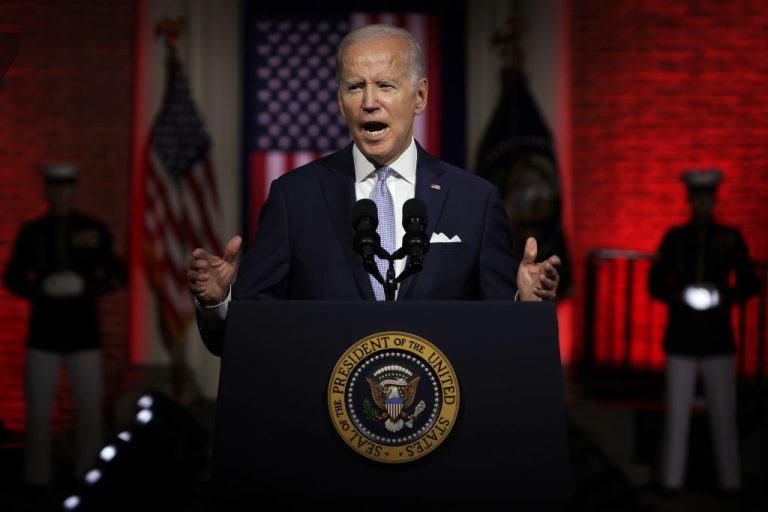 Joe Biden used a Communist Party-style crimson light backdrop to declare war on Donald Trump and Make America Great Again at the birthplace of the Constitution