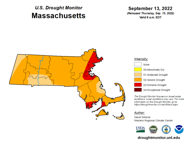 The state of drought in Massachusetts, America’s second largest cranberry producer, as of Sept. 13, 2022.