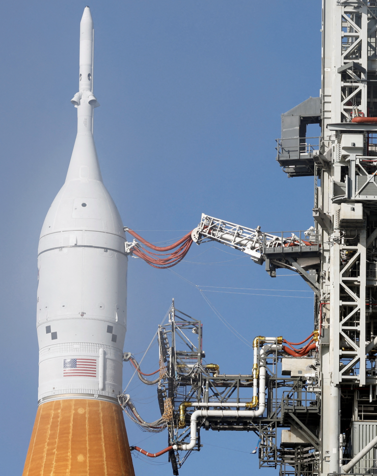 NASA's next-generation moon rocket, the Space Launch System (SLS) rocket with the Orion crew capsule, stands at launch complex 39-B as preparations continue for the Artemis 1 mission at Cape Canaveral, Florida, U.S. November 13, 2022. (Image: Screenshot / REUTERS)