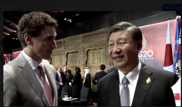 Canadian Prime Minister Justin Trudeau speaking with China's President Xi Jinping at G-20 meeting. (Image: Screenshot/Reuters)