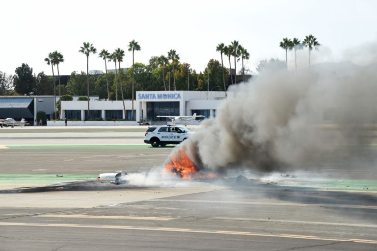 a-plane-is-seen-on-fire-after-crashing-at-santa-monica-airport-on-september-8-2022-according-to-data-collected-by-the-national-transportation-safety-board-medical-issues-in-pilots-were-responsible-for-9-percent-of-all-aviation-accidents-in-the-u-s-from-2012-to-2022