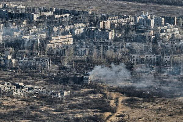 general view of destroyed apartment blocks in february 2024 battle for avdiivka, ukraine