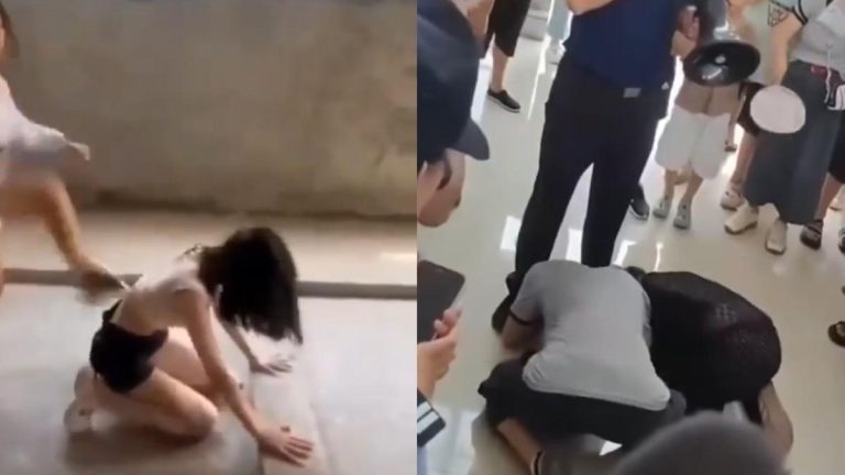 Composite image showing a 14-year-old girl being bullied in a video posted by attackers and her parents kneeling in front of police in Jiangyou, Sichuan, while seeking justice for their daughter.