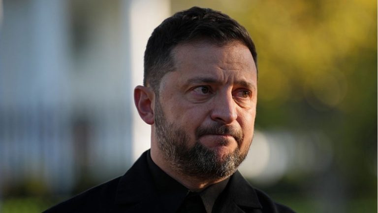 Ukraine President Volodymyr Zelensky speaks to reporters at Lafayette Park outside the White House in Washington, D.C., on Oct. 17, 2025.