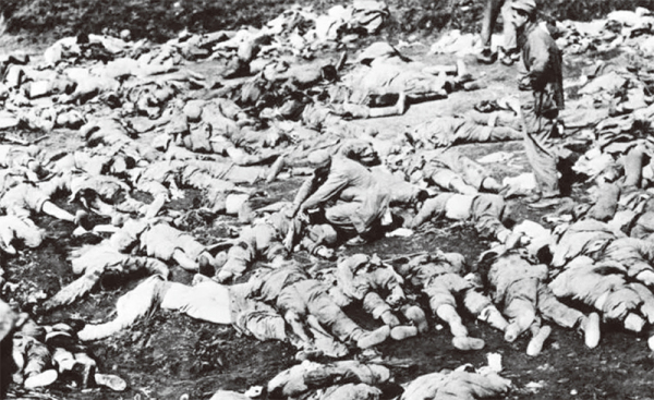 Bodies of Chinese People’s Volunteer Army soldiers lying on the ground during the Korean War.