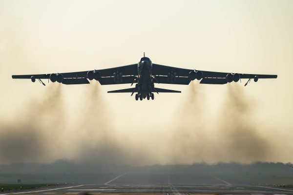 A United States Air Force B-52 Stratofortress strategic bomber takes off from RAF Fairford on March 19, 2026 in Fairford, England.