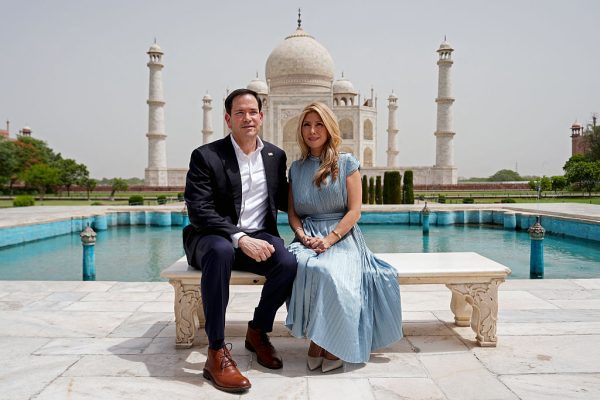 US Secretary of State Marco Rubio poses alongside his wife Jeanette at the Taj Mahal in Agra