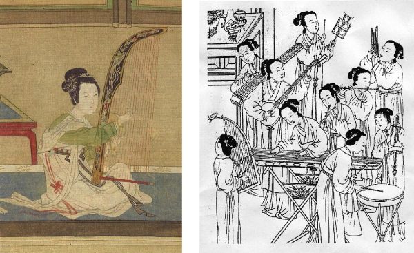 Ming Dynasty painter Qiu Ying painting of ancient Chinese woman playing konghou extinct ancient harp; Ming dynasty sketch showing band of female musicians