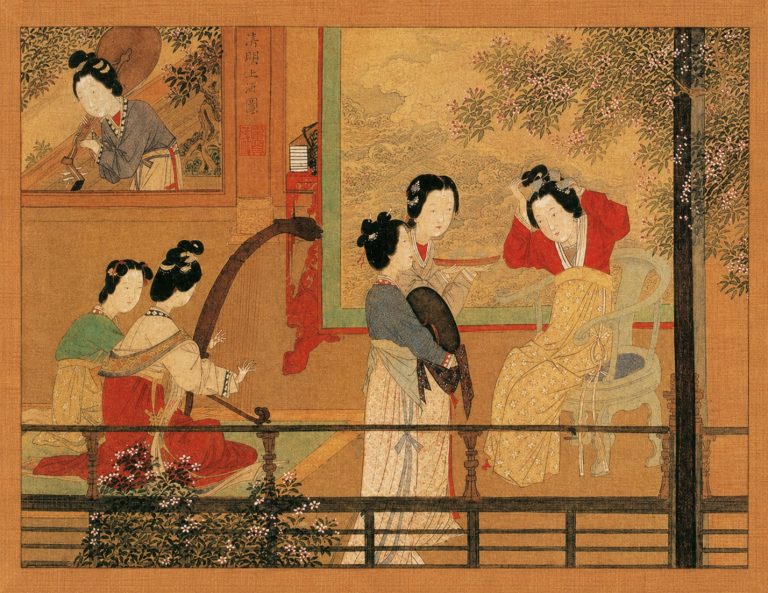 Ming Dynasty painter Qiu Ying painting of ancient Chinese women playing konghou extinct ancient harp