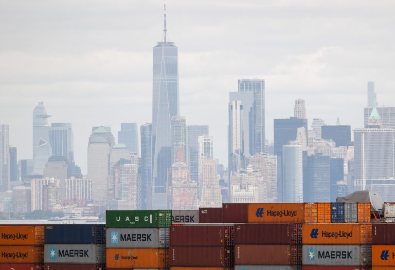 container ship sits anchored in New York Harbor as it waits for the Port of Newark on October 2 2024